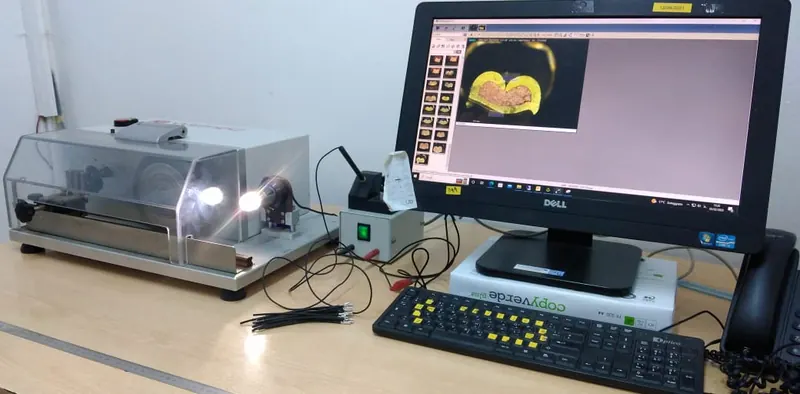 Laboratorio metallografico con la sezione di un terminale a monitor